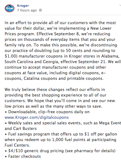 kroger stops doubling coupons announcement