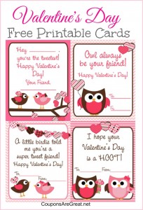 Free Printable Valentine's Day Cards for Kids with Owls and Birds