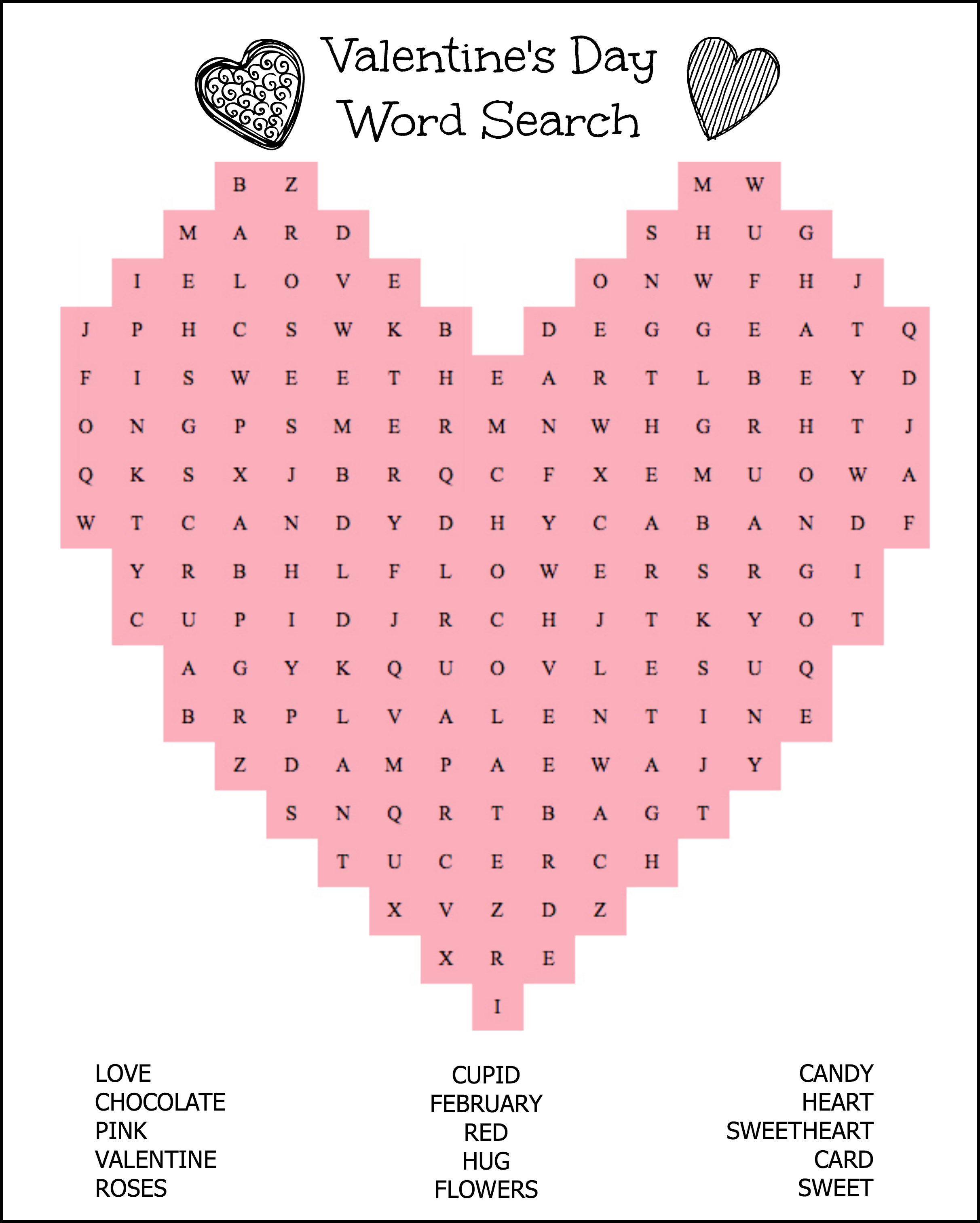 Free Printable Heart Shaped Valentine's Day Word Search for Kids