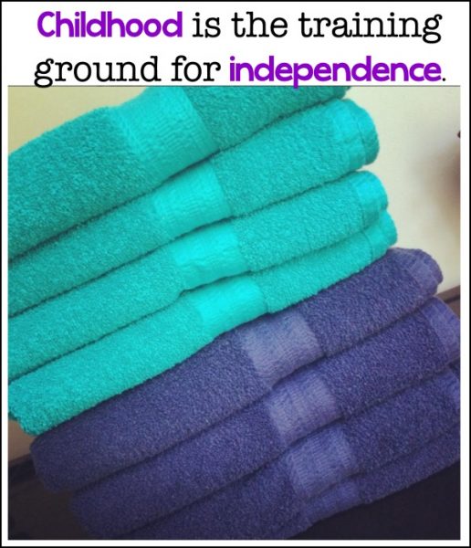 Raising responsible kids is an important parenting task. Cleaning up after oneself is a skill that can be mastered with a little bit of guidance. Take towels for example. Each child has her own color and we can see who is cleaning up (and who isn't).